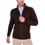 Zip-Up Textured Sweater // Brown (2XL)