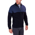 Contrast Knit Zip-Up Sweater // Navy (XL)