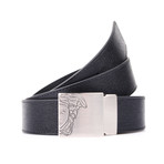 Engraved Medusa Buckle Textured Belt // Black