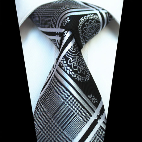 Celino // Silk Neck Tie // Silver + Gray + Black Paisley