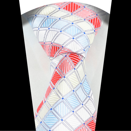 Celino // Silk Neck Tie // Red + Blue + White + Multi Color Squares