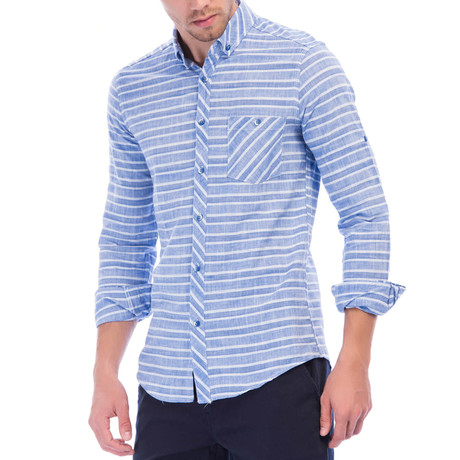 Horizontal Striped Long Sleeve Button-Up // Navy Blue + White (M)