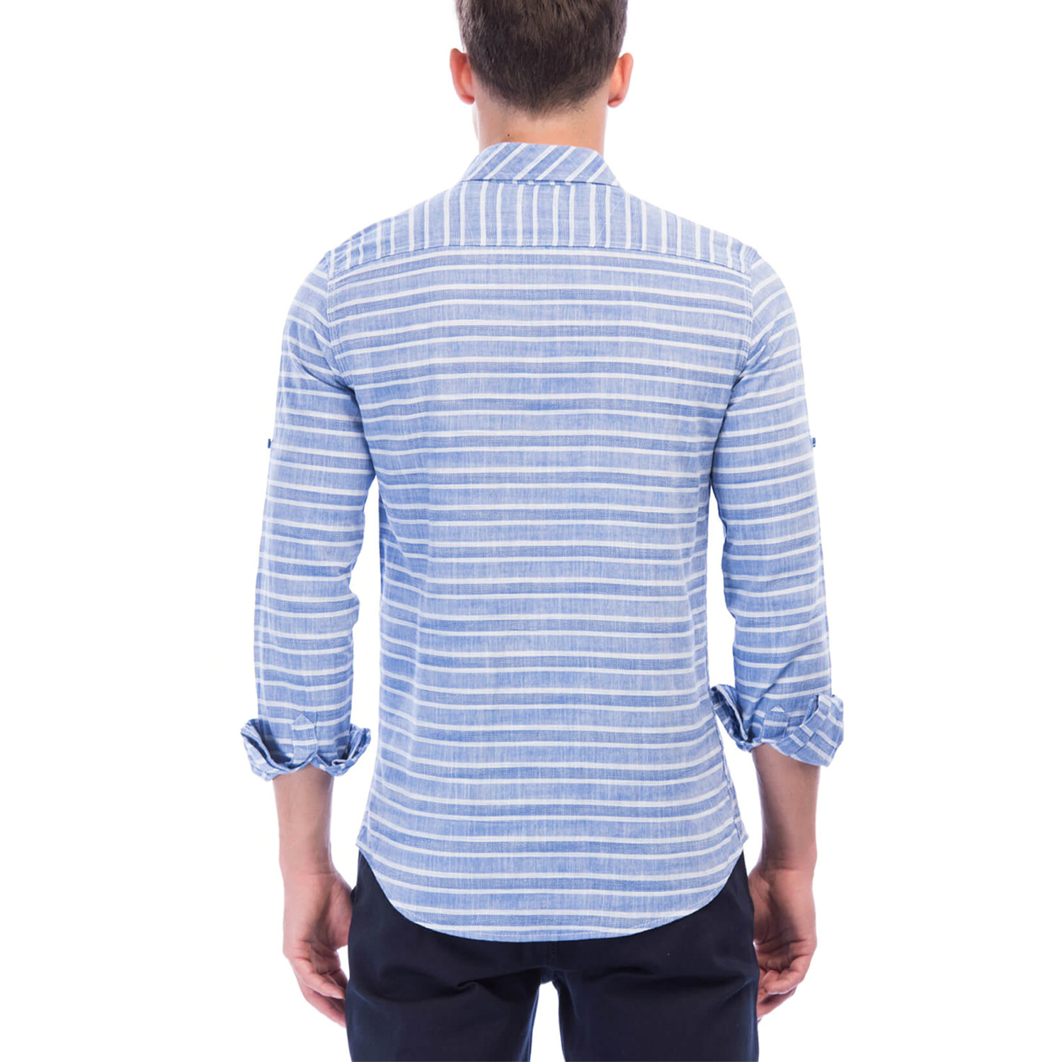 Horizontal Striped Long Sleeve Button-Up // Navy Blue + White (M ...