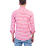 Horizontal Striped Long Sleeve Button-Up // Fuchsia + White (L)