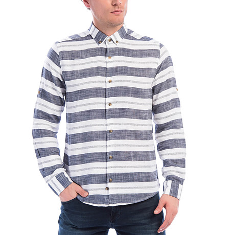 Square Pattern Design Long Sleeve Button-Up // Navy Blue (S)