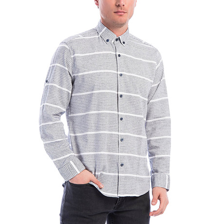 Horizontal Striped Pattern Long Sleeve Button-Up // Navy Blue + White (S)