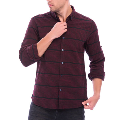 Horizontal Striped Pattern Long Sleeve Button-Up // Bordeaux + Black (S)