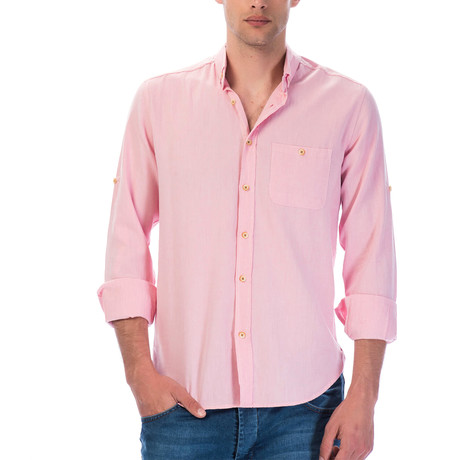 Long Sleeve Button-Up + Brown Buttons // Solid Pink (S)