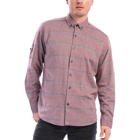 Horizontal Striped Pattern Long Sleeve Button-Up // Red + Gray (S)