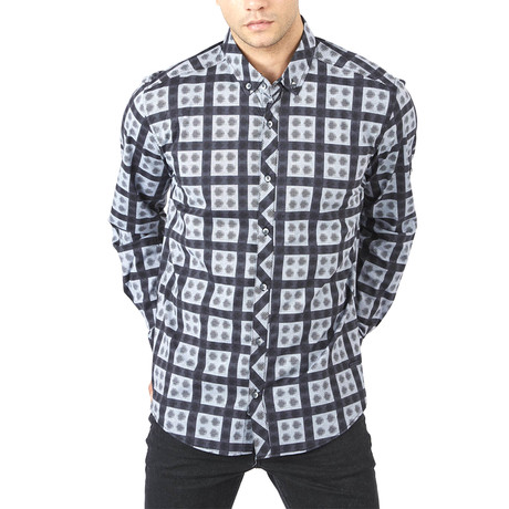 Square Pattern Long Sleeve Button-Up // Blue (S)