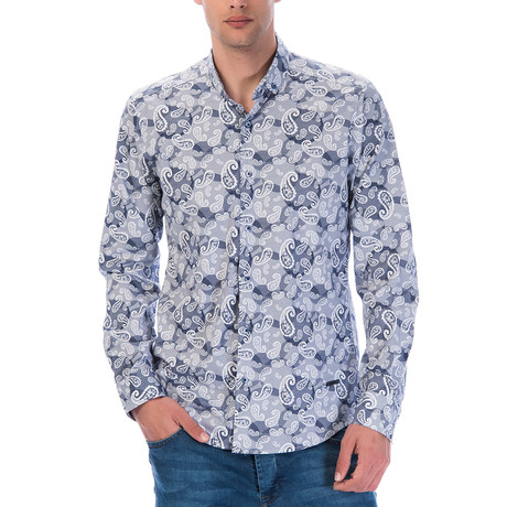 Paisley Design Long Sleeve Button-Up // Navy Blue + White (S)