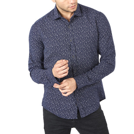 Abstract Leaves Long Sleeve Button-Up // Navy Blue +White (S)