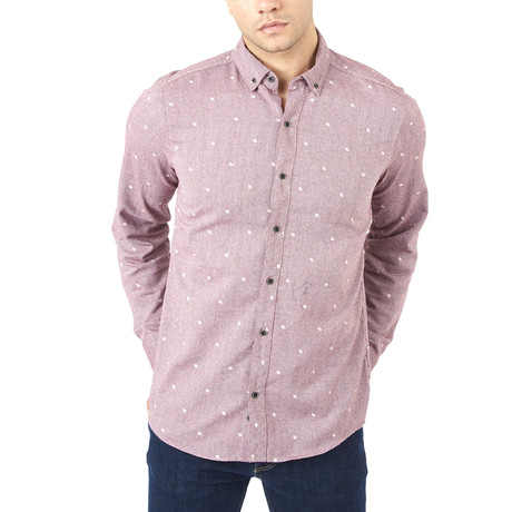 Small Leaves Design Long Sleeve Button-Up // Bordeaux (S)