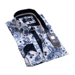 Amedeo Exclusive // Paisley Reversible Cuff Button-Down Shirt // White + Blue (S)