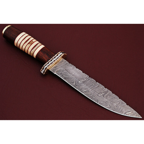 Damascus Steel Handmade Hunting Knife // Rosewood Handle + Camel Bone Handle