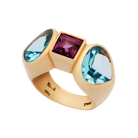 Vintage Antonini 18k Yellow Gold Rhodorite + Garnet Aquamarine Ring // Ring Size: 6