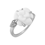 Vintage Chanel 18k White Gold White Agate Camellia Diamond Ring // Ring Size: 5
