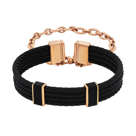 Charriol St. Tropez Pink Stainless Steel + Black Lacquer + Black Steel Cable Bangle I