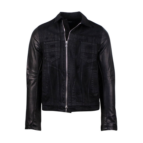 Amiri // Leather Sleeve Zip Up Distressed Denim Trucker Jacket // Black (XS)