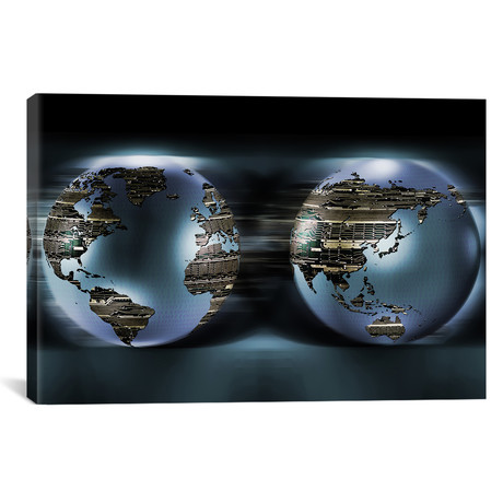 Two sides of earths made of digital circuits // Panoramic Images (18"W x 26"H x 0.75"D)