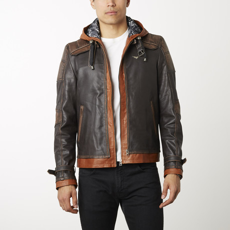 Vintage Layered Hoodie Leather Jacket //Brown (XS)