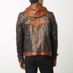 Vintage Layered Hoodie Leather Jacket //Brown (M)
