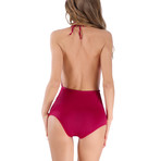 Lace Applique Backless Bodysuit // Red (L)