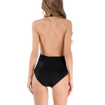 Lace Applique Backless Body Suit // Black (S)