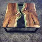 River Series Square Coffee Table // Black Walnut + Green Glass + Steel