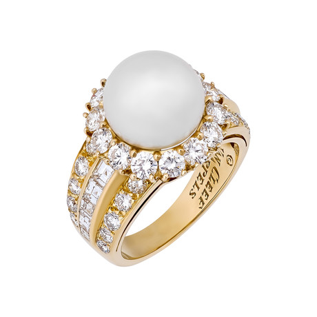 Vintage Van Cleef & Arpels 18k Yellow Gold Diamond Pearl Ring // Ring Size: 6.5