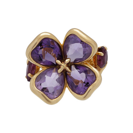 Vintage Chanel 18k Yellow Gold Amethyst + Tourmaline Flower Ring // Ring Size: 5.5