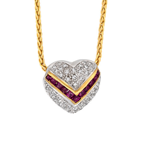 Vintage Recarlo 18k Yellow Gold + 18k White Gold Diamond + Ruby Necklace // Chain: 16"