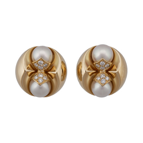 Vintage Bvlgari 18k Yellow Gold Diamond + Pearl Earrings