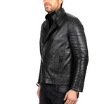 Moto Ribbed Sleeve Leather Jacket // Black (3XL)