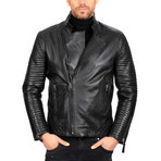 Moto Ribbed Sleeve Leather Jacket // Black (XL)