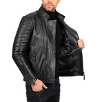 Moto Ribbed Sleeve Leather Jacket // Black (XL)