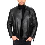Moto Ribbed Sleeve Leather Jacket // Black (S)