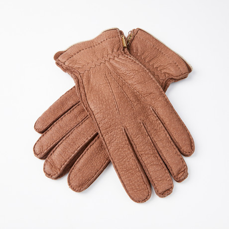 Peccary Gloves + Silk Lining + Beige Cashmere // Light Brown // Size 10