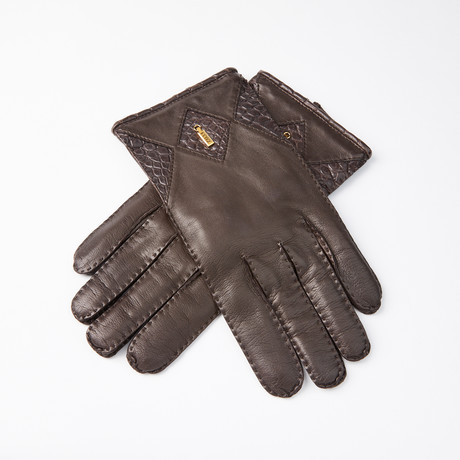 Lamb + Crocodile Skin Gloves + Cashmere Lining // Dark Brown // Size 10