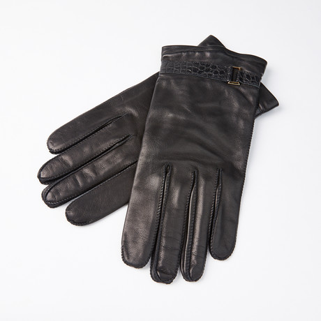 Lambskin Gloves + Crocodile Skin Detail + Cashmere Lining // Black // Size 9