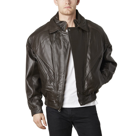 Classic Double-Collared Leather Bomber Jacket // Brown (XS)