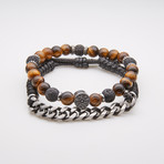 Jean Claude Jewelry // Tiger's Eye + Leather Steel Chain Bracelet // Set of 2