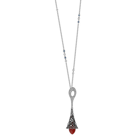 Io Si 18k White Gold + 18k Black Gold Diamond + Sapphire + Coral Necklace
