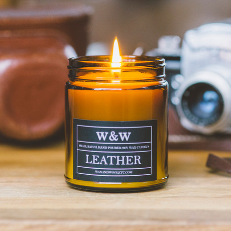 Leather // 9 oz Soy Wax Candle // Amber Jar