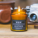 Leather // 9 oz Soy Wax Candle // Amber Jar