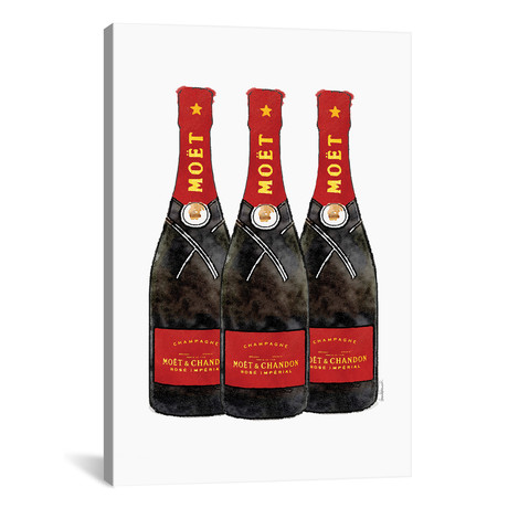 Three Red Champagne Bottles // Amanda Greenwood (18"W x 26"H x 0.75"D)