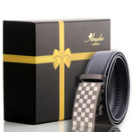 Leather Belt // Leather Belt // Black Belt - Silver White + Black Checkered Buckle // Model AEBL124