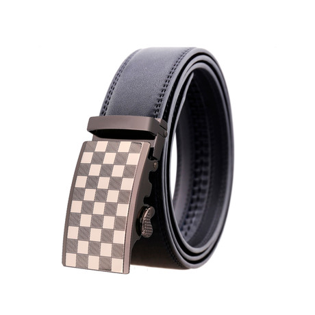 Leather Belt // Leather Belt // Black Belt - Silver White + Black Checkered Buckle // Model AEBL124