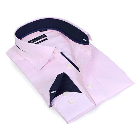 Solid Collar Herringbone Button-Up Shirt // Pink + Navy (S)