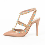 Valentino // Rockstud Rolling Turquoise Stone Heels // Nude (US: 4)